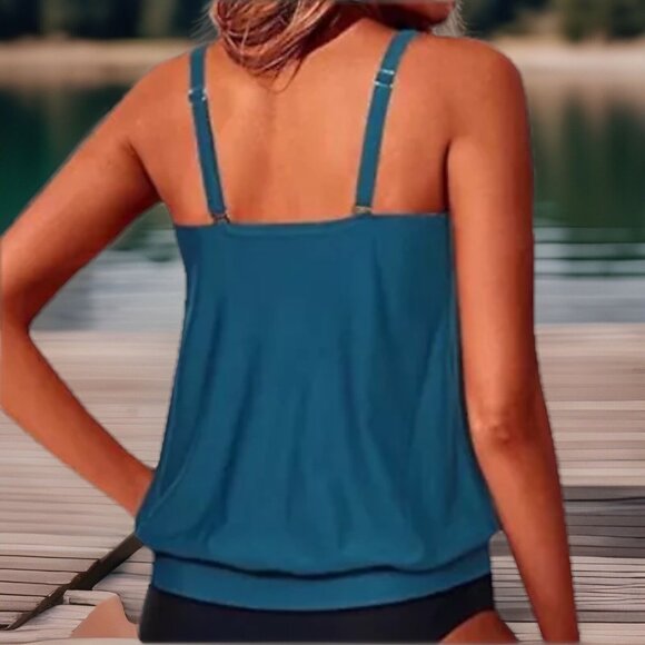 Yonique Women XL Blue Tankini Top Swimwear Loose Fit Full Coverage Adjustable - Picture 2 of 6
